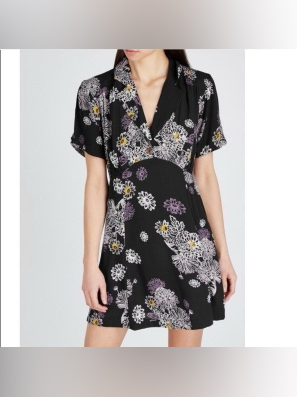 Free People Black‎ Floral Mini Dress Boho Button Front Viscose ExtraSmall